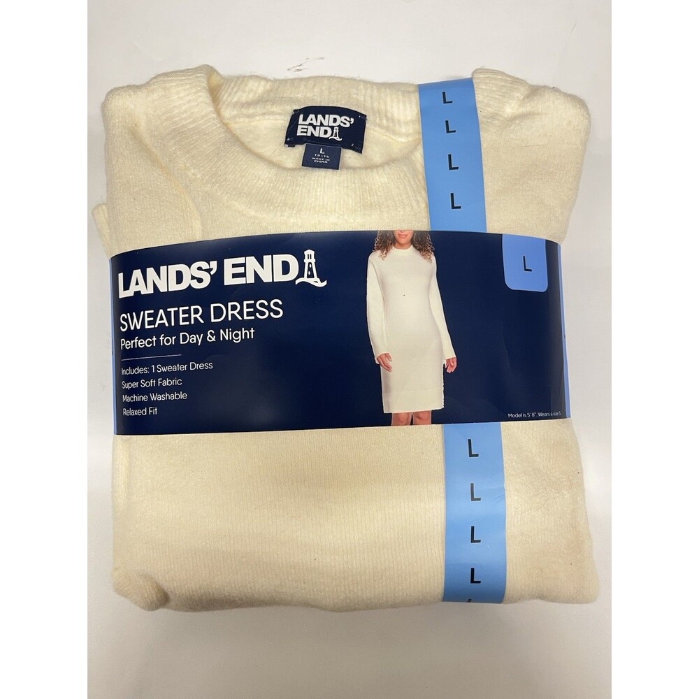 Lands' End Women’s Crewneck Sweater Dress Sz L 12/14 cream white Relax Fit NWT